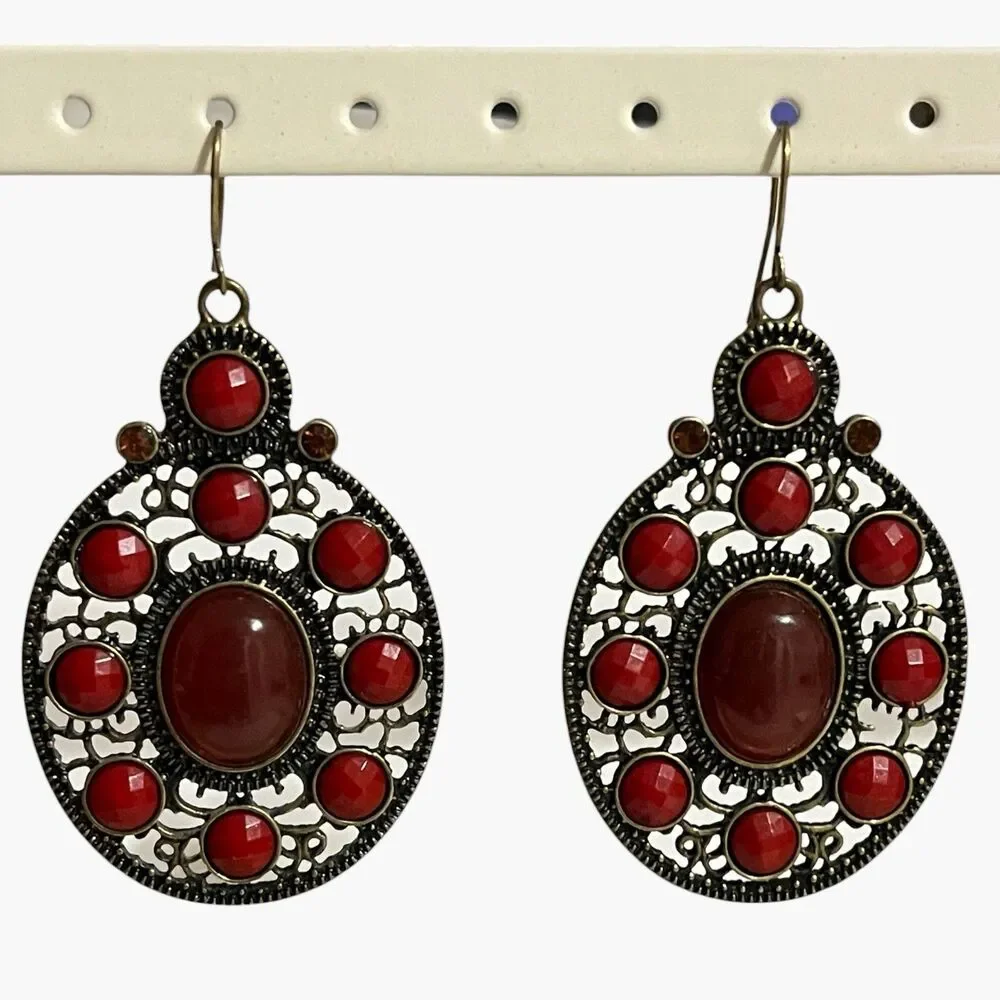 VTG Oval Filigree Statement Earrings Dangle Red Rhinestone Large Boho Jewelry